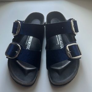 Blue velvet Birkenstocks with silver buckles, size 37